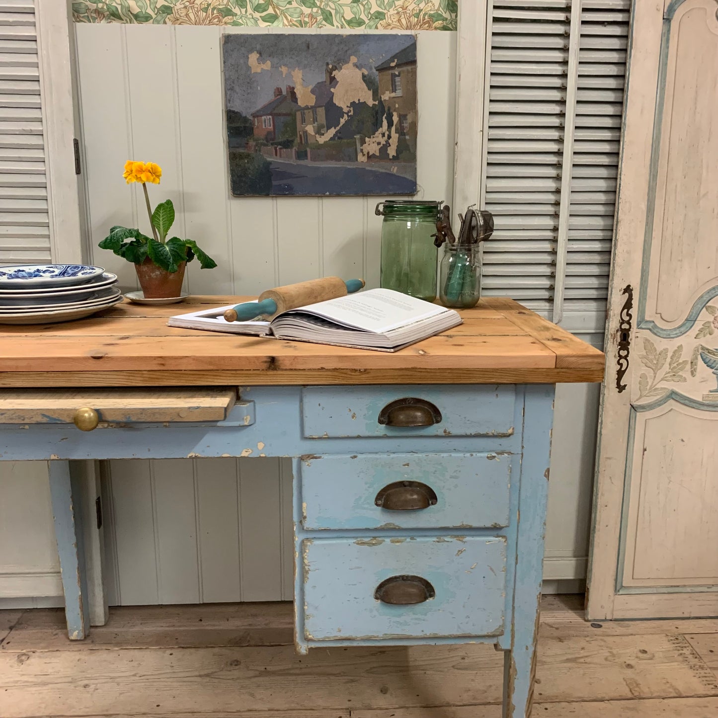 Blue Chippy Paint Serving Table/Desk. - Dovetail Vintage Co
