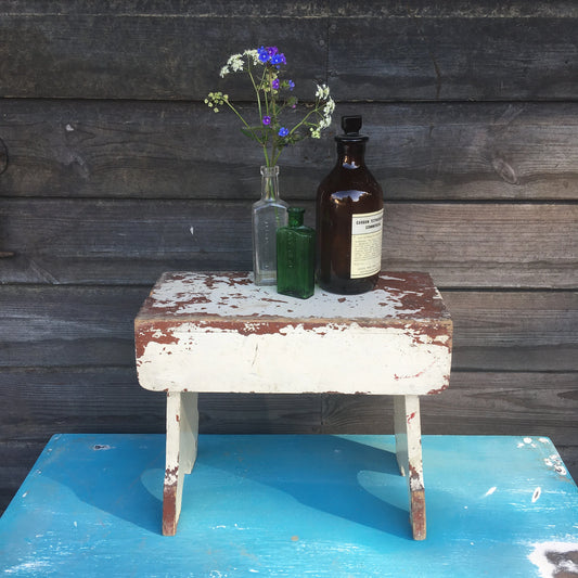 French Antique White Wooden Stool With Original Paint - Dovetail Vintage Co