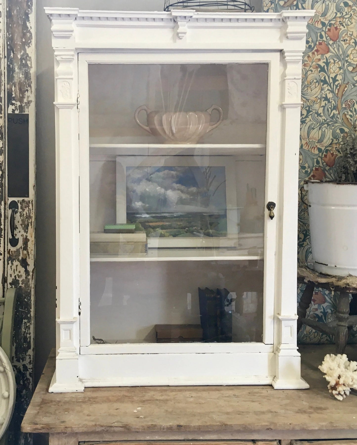 Antique White Vintage Glass Cabinet - Dovetail Vintage Co