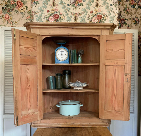 Gorgeous Victorian Corner Cupboard.
Full of character, beautiful detail to the shelves and fab storage. 
Perfect as a pantry cupboard in a kitchen, bookcase in a living space or to store your glasses and crockery.